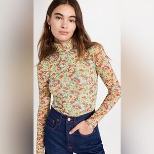 GANNI Printed Mesh Long Sleeve Fitted Rollneck Top